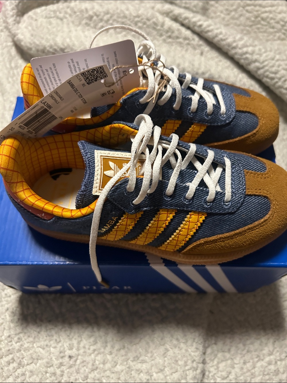 Kids Brown and Blue Toy Story 5 Adidas Sneakers with Yellow Accents